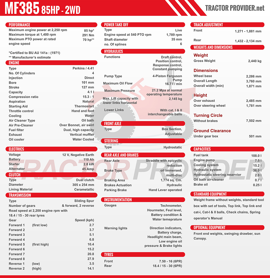 MF 385 2WD Tractor Specification