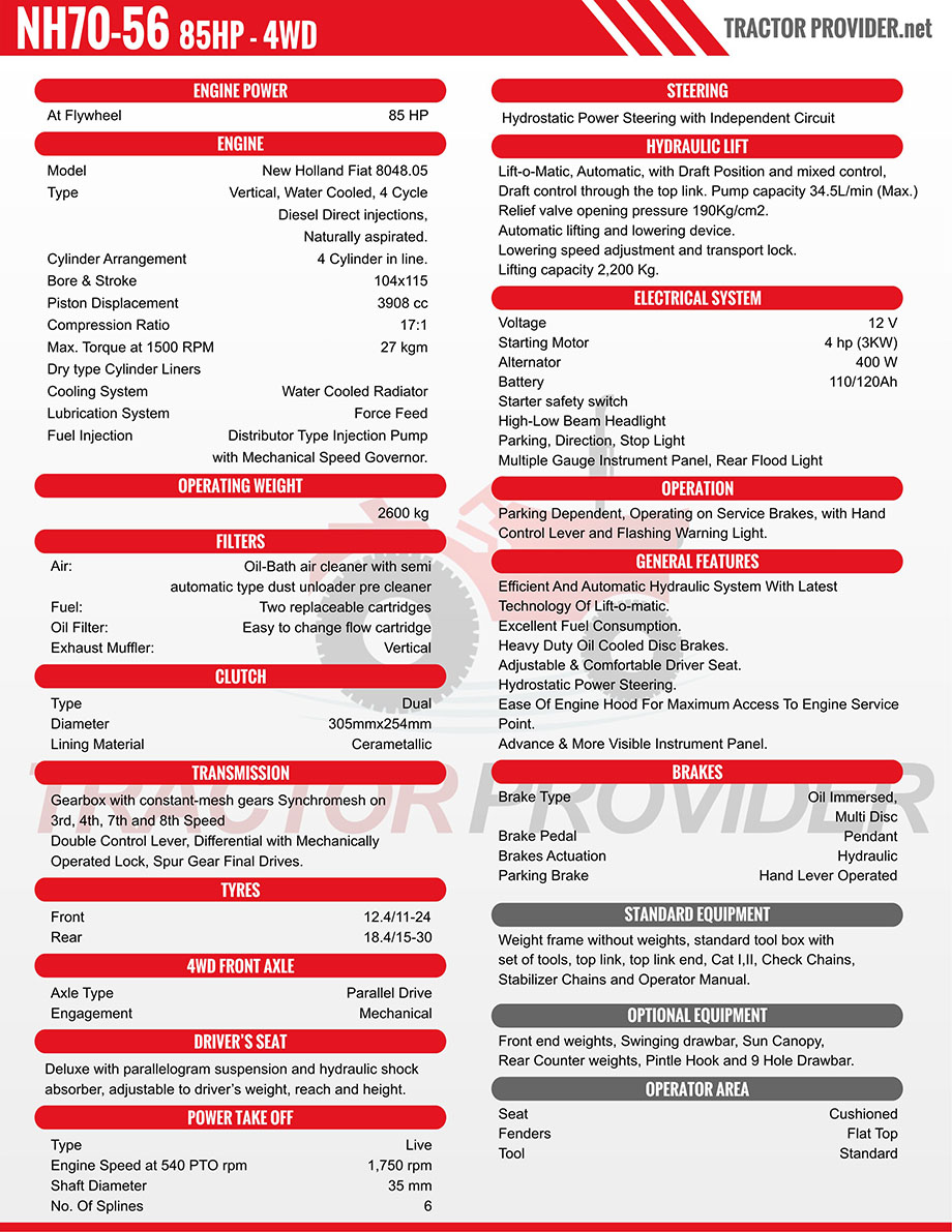 Fiat New Holland 70-56 Tractor Specification